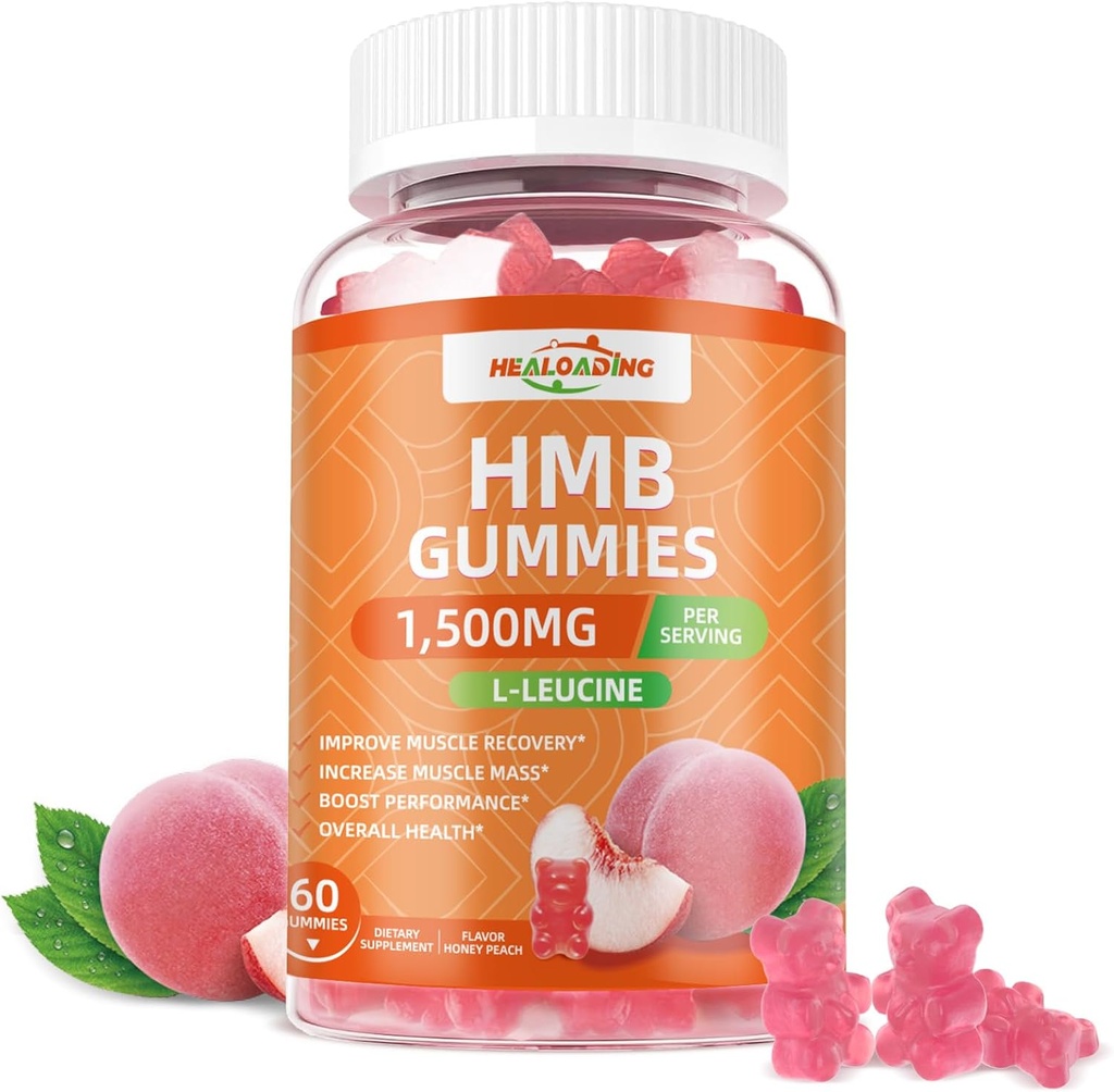 HMB and Leucine Gummies Supplement: HMB Supplements for Men 1500mg and Leucine Amino Acid for Muscle Recovery Increase Muscle Mass Improve Endurance Non-GMO Sugar Free Peach 60 Gummies