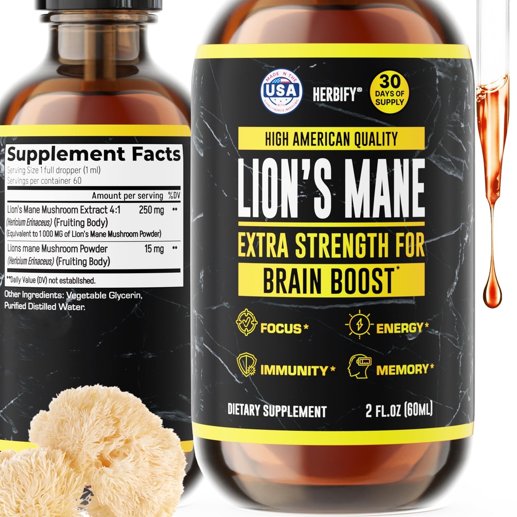 HERBIFY Lions Mane συμπλήρωμα - ημερήσιο συμπλήρωμα μανιταριών για τη μνήμη, εστίαση & σαφήνεια - Brain Booster - Lions Mane Βάμμα για την ανοσοποιητική υποστήριξη - 2 fl oz