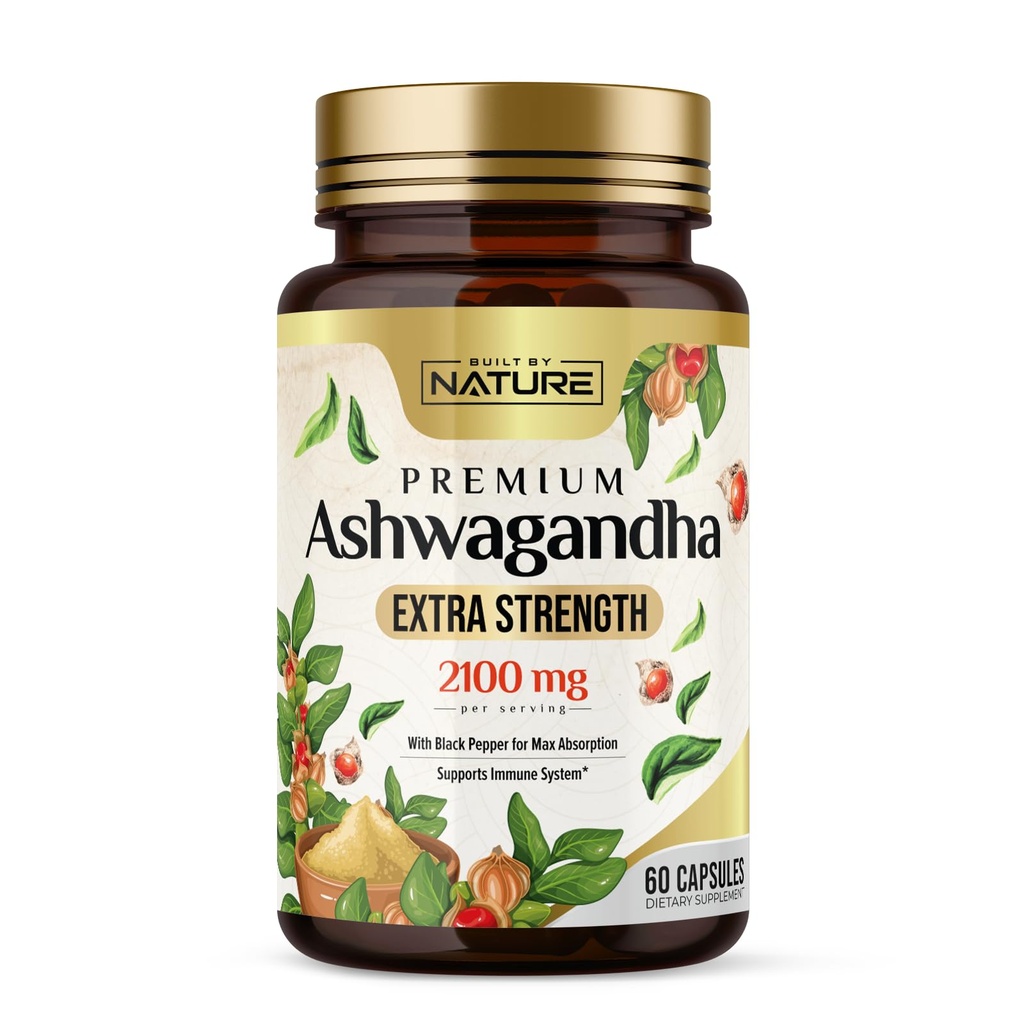 Χτισμένο από τη φύση Ashwagandha 2100mg επιπλέον ενίσχυση ανακούφισης & διάθεσης με εκχύλισμα μαύρου πιπεριού για μέγιστη απορρόφηση - μη GMO, Vegan, χωρίς γλουτένη - 60 κάψουλες