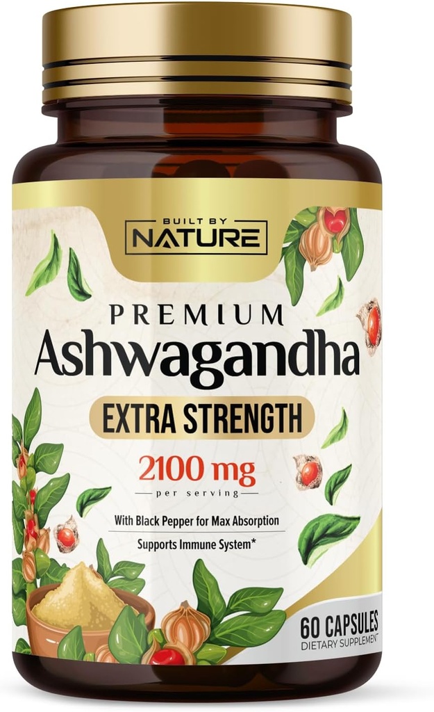 Built by Nature Ashwagandha 2100mg Extra Strength Stress Relief & Mood Support with Black Pepper Extract for Max Absorption - Non-GMO, Vegan, Gluten-Free - 60 Capsules