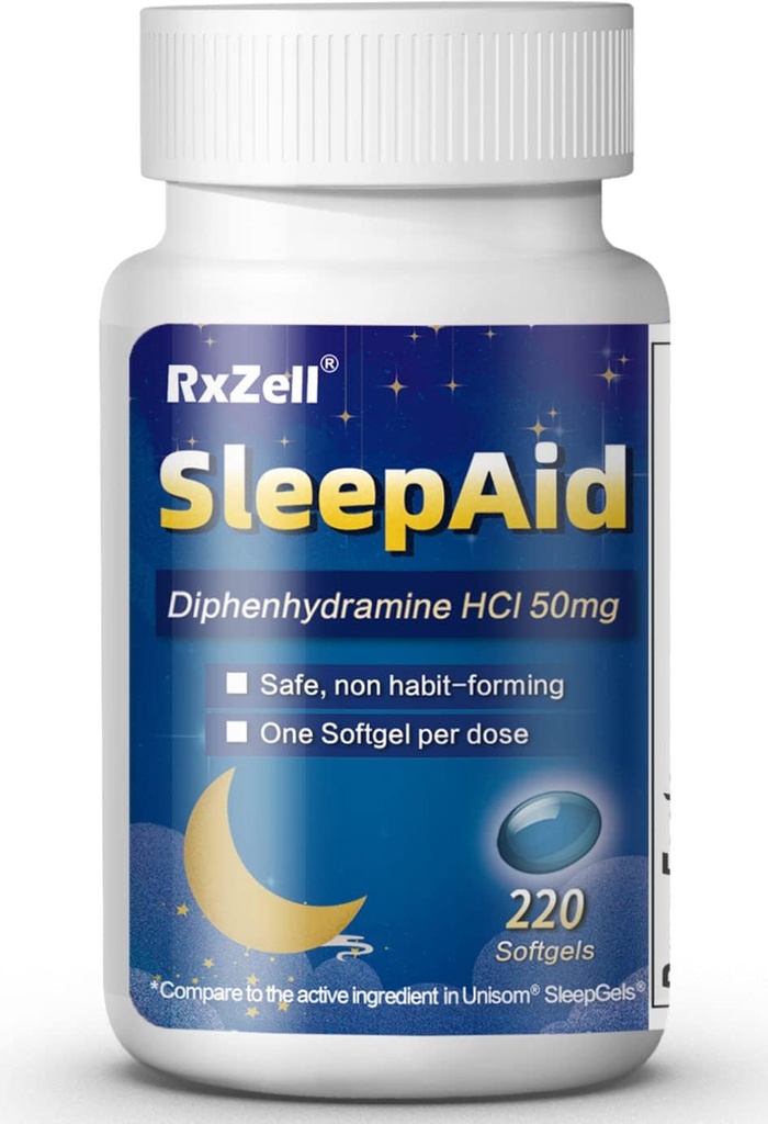 Sleep Aid, Diphenhydramine 50mg, Easy-to-Swallow Softgels, Υποστηρίζει βαθύτερο ξεκούραστο ύπνο, μη Συνήθειες (220 Μετρητές)