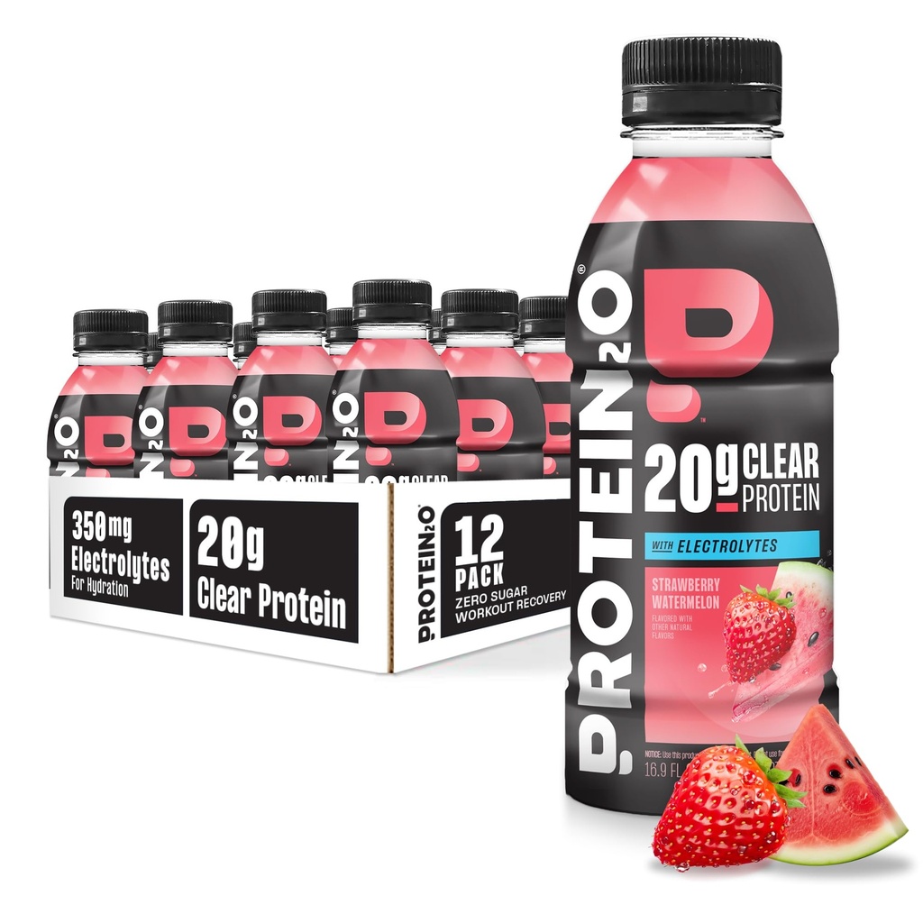 Protein2o Ενυδάτωση Ποτό - 2-σε-1 Liquid Clear Whey Protein Isolate and Electrolyte Drink - 20g Πρωτεΐνη, Βιταμίνες B5, B6 - Ανάκτηση μετά την προπόνηση - 16.9 Fl Oz - 12 Count Strawberry Watermelon