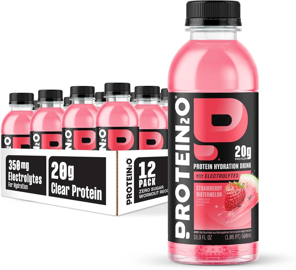 Protein2o Hydration Drink - 2-in-1 Liquid Clear Whey Protein Isolate and Electrolyte Drink - 20g Protein, Vitamins B5, B6 - Post-Workout Recovery - 16.9 Fl Oz - 12 Count Strawberry Watermelon