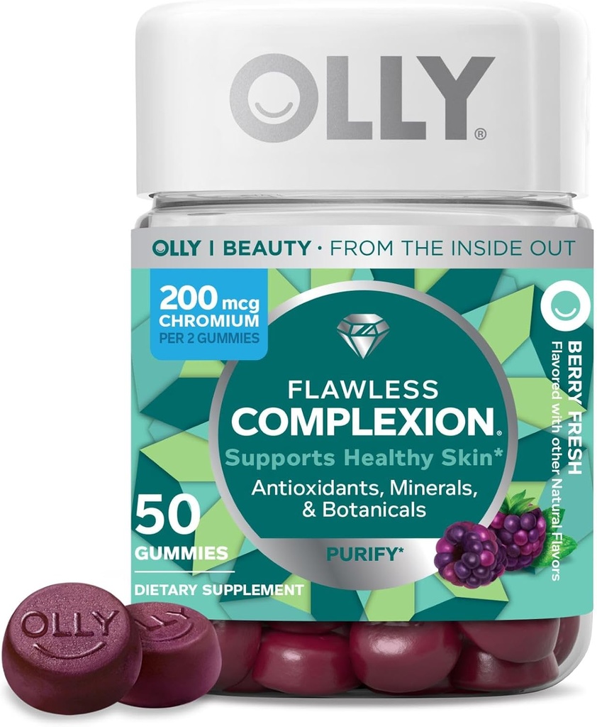 OLLY Flawless Complexion Gummy, Διαυγής και υγιής υποστήριξη του δέρματος, Βιταμίνες E, A, ψευδάργυρος, Chewable συμπλήρωμα, μούρο - 50 κόμης (πακέτο του 1)