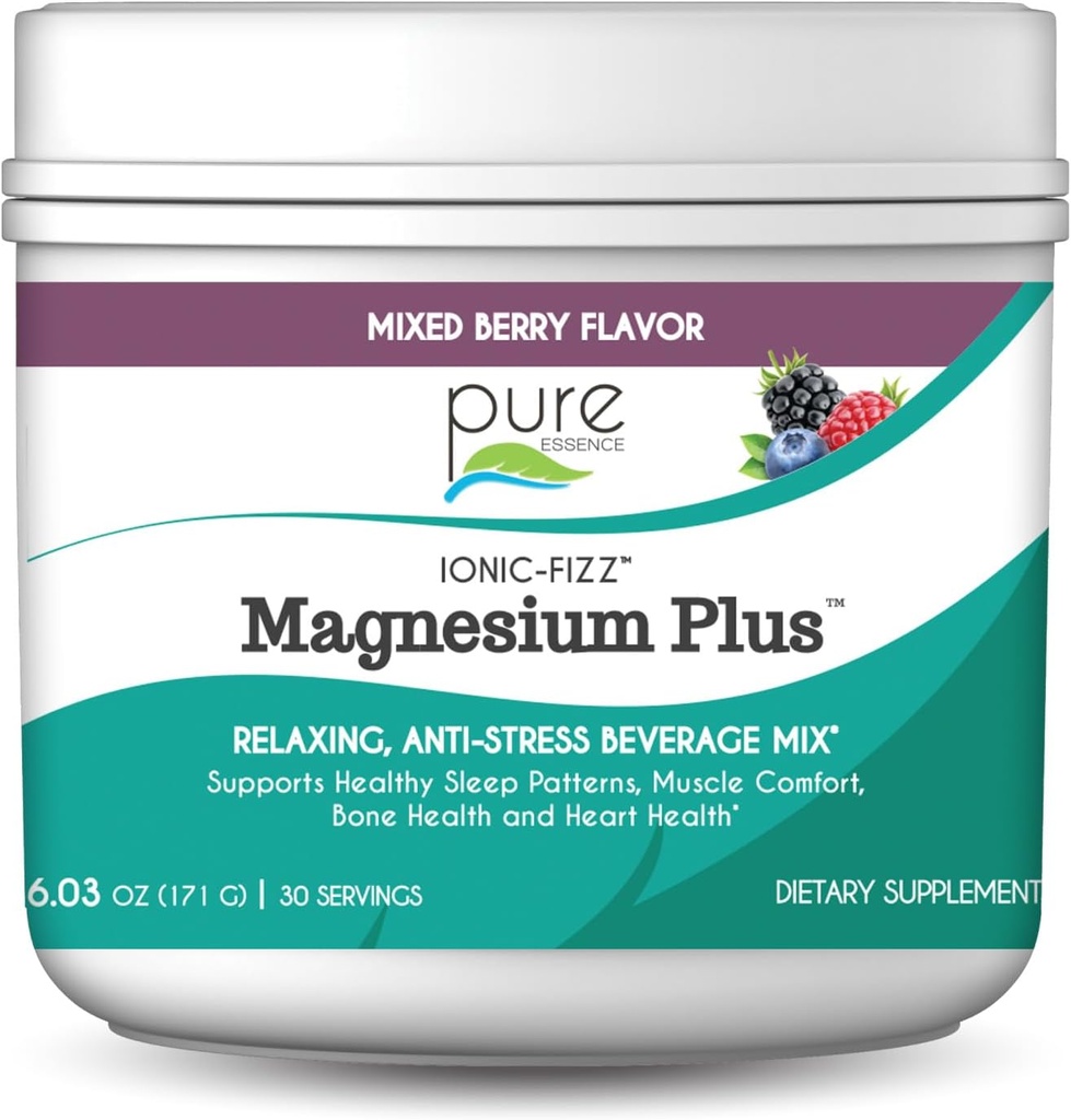 Pure Essence Labs Ionic Fizz Magnesium Plus, Anti-Stress Supplement Drink Powder, Gluten Free and Non-GMO Magnesium Powder (Mixed Berry, 6.03 Ounce (Pack of 1))