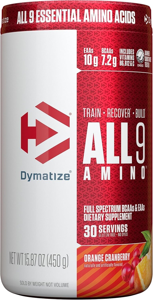 Dymatize All9 Amino, 7,2g BCAAs, 10g Full Spectrum Essential Amino Acids Per Serving for Recovery and optimal muscle Protein Synthesis, Orange Cranberry, 30 Servings, 15,87 Ουγγιά