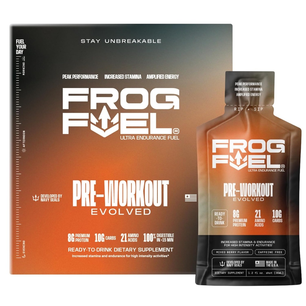 Frog Fuel Ultra Energy Gel & Pre Processed Shot με 1500mg Beta Alanine, Electrolytes 8g πρωτεΐνη Nano-Hydrolyzed Grass Fed Collagen, 10g Carbs, Χωρίς γλουτένη, χωρίς λίπος, Berry, 1.2 oz πακέτα, 24 Pack