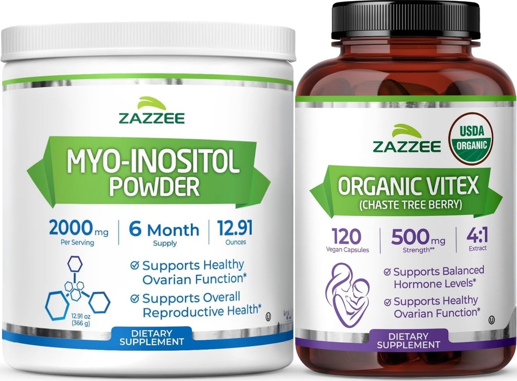 Zazzee Organic Vitex Chasteberry and Myo Inositol Powder | Vitex Berry Extract Plus Myo Inositol Supplement | Female Cycle Support Bundle