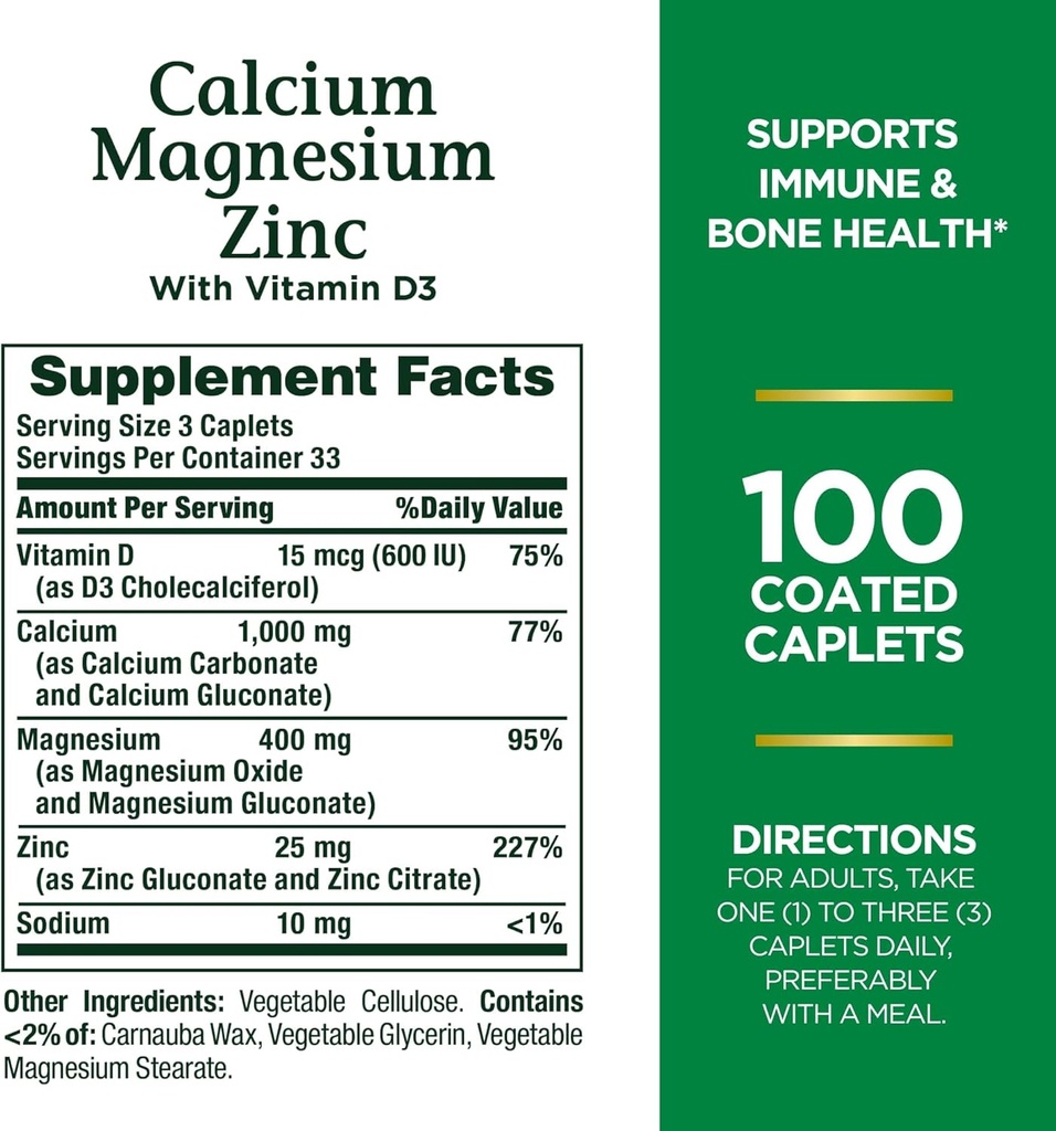 Nature's Bounty Calcium Magnesium & Zinc Caplets, Ανοσοποιητικό & Υποστηρίζοντας την Υγεία των Οστών, 100 Count (Pack of 2)