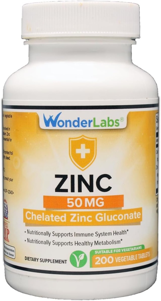 Wonder Laboratories Chelated Zinc Gluconate 50 mg - Υποστηρίζει το υγιές δέρμα, το ανοσοποιητικό σύστημα, την ανάπτυξη κυττάρων και περισσότερα - 200 χορτοφαγικά δισκία
