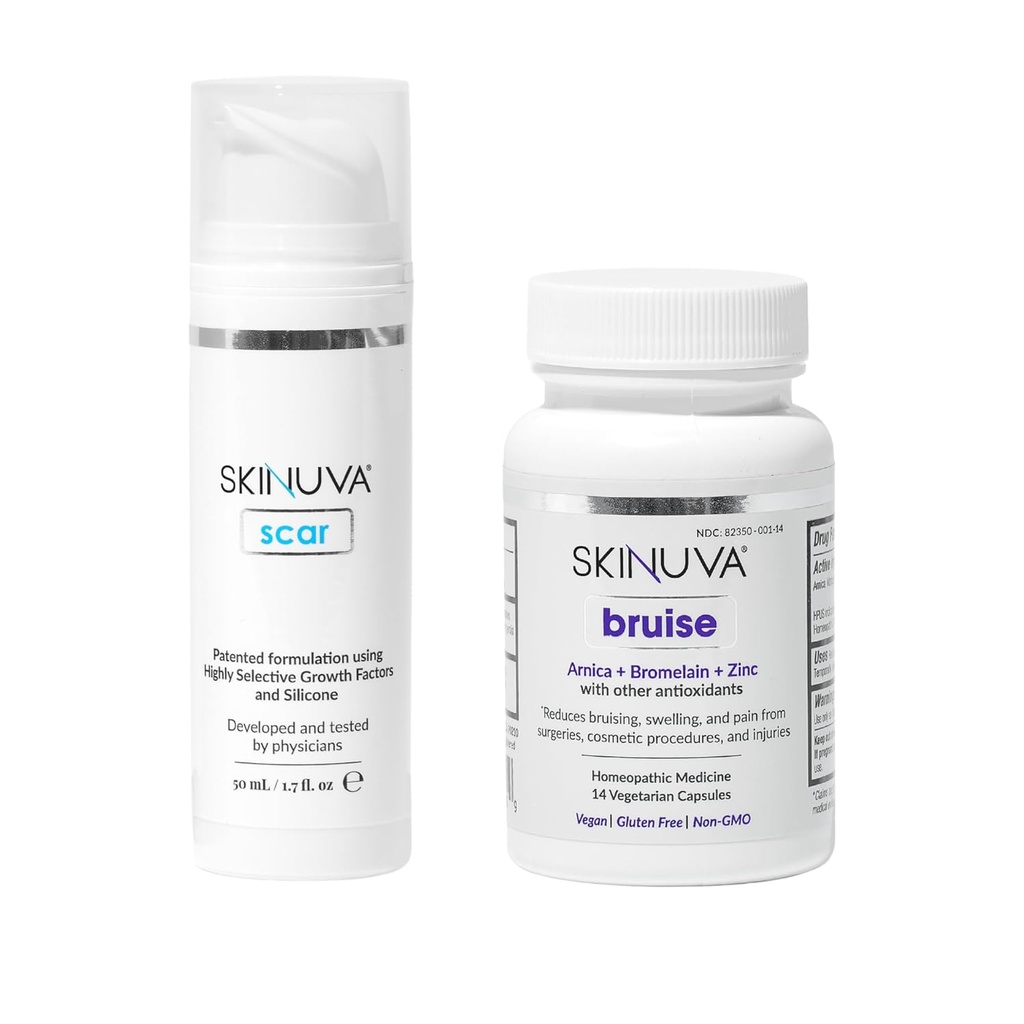 Skinuva® Scar (1.7 oz) & Μώλωπες (14 κάψουλες) - Σύνθετη κρέμα σιλικόνης Formulated with Growth Factors & Ομοιοπαθητική μελανιά Remedy Formed with Arnica, Bromelain & Zinc