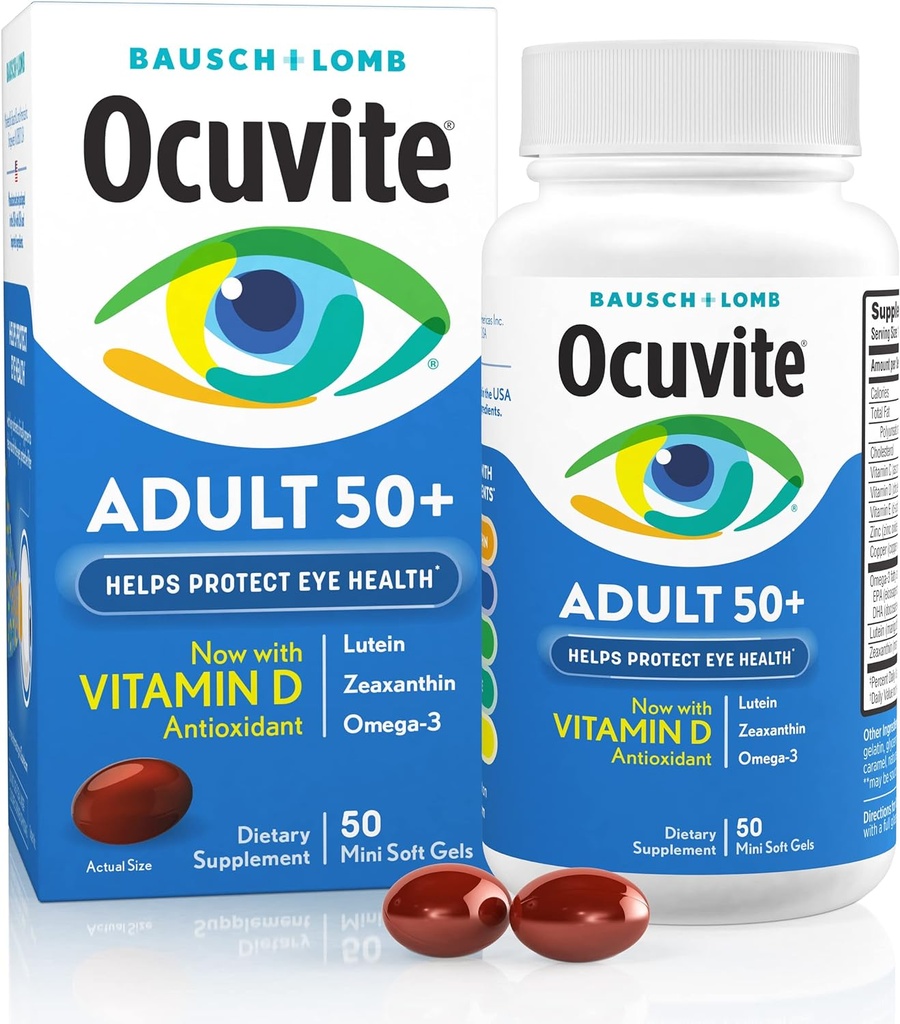 Ocuvite 50+ Eye Vitamin & Mineral Supplement, Multivitamin for Vision & Our Health with Omega-3, Zinc, Vitamins C & E, Lutein & Zeaxanthin, Συμπληρώματα ψευδαργύρου για γυναίκες και άνδρες, 50 Softgels