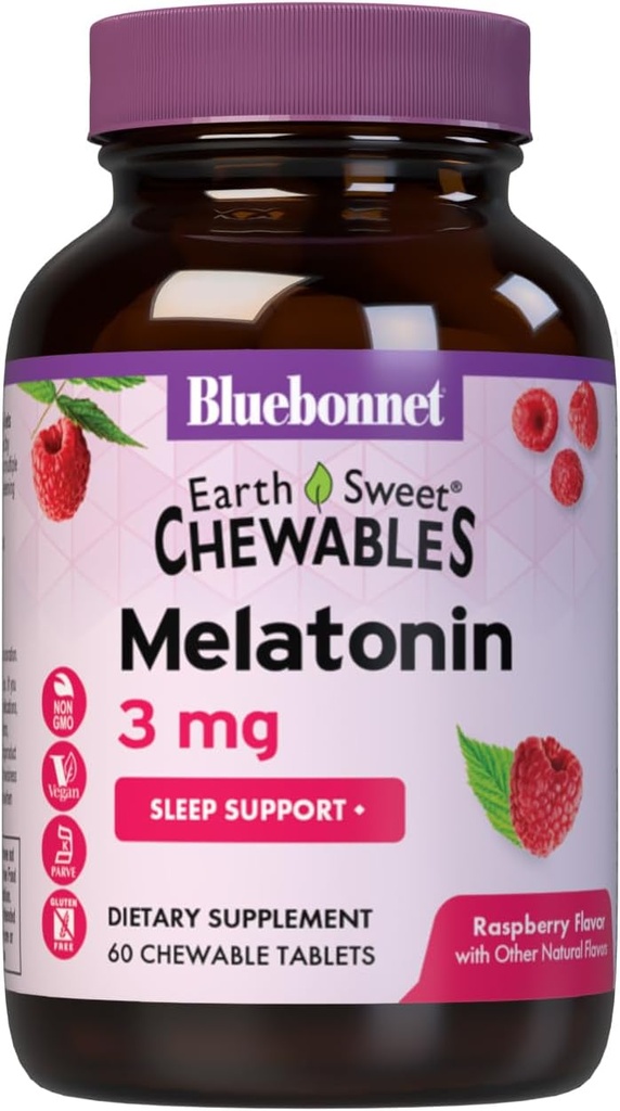 Bluebonnet Nutrition EarthSweet Melatonin 3 mg Γρήγορη Διαλύοντας τη Νύχτα Χαλάρωση & Ξεκούραστη Υποστήριξη Ύπνου - Βοήθεια ύπνου - Χωρίς γλουτένη, Vegan - Βατόμουρο Γεύση - 60 Μασώμενα Δισκία