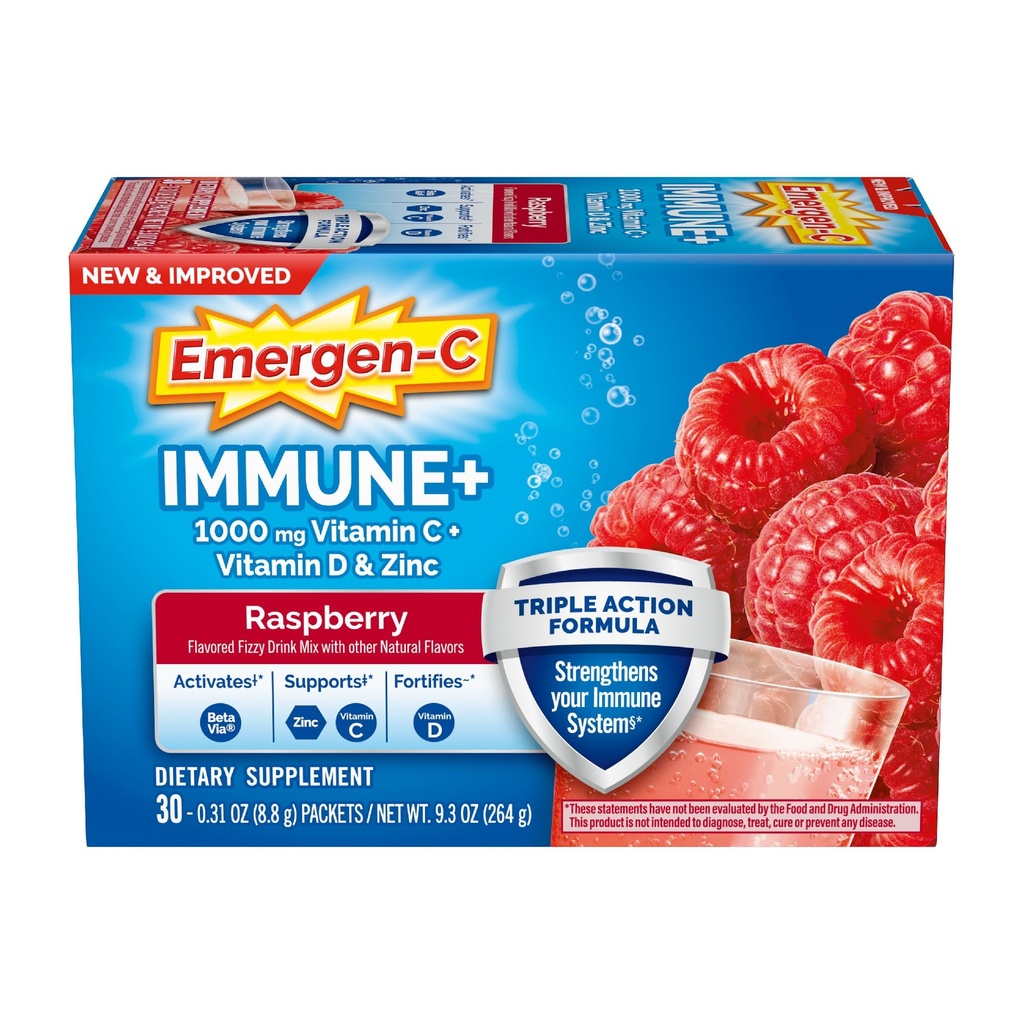 Emergen-C Immune+ Triple Action Immune Support Powder, BetaVia (R), 1000mg Βιταμίνη C, Β Βιταμίνες, Βιταμίνη D και Αντιοξειδωτικά, Βατόμουρο, Back to School Essentials – 30 Count