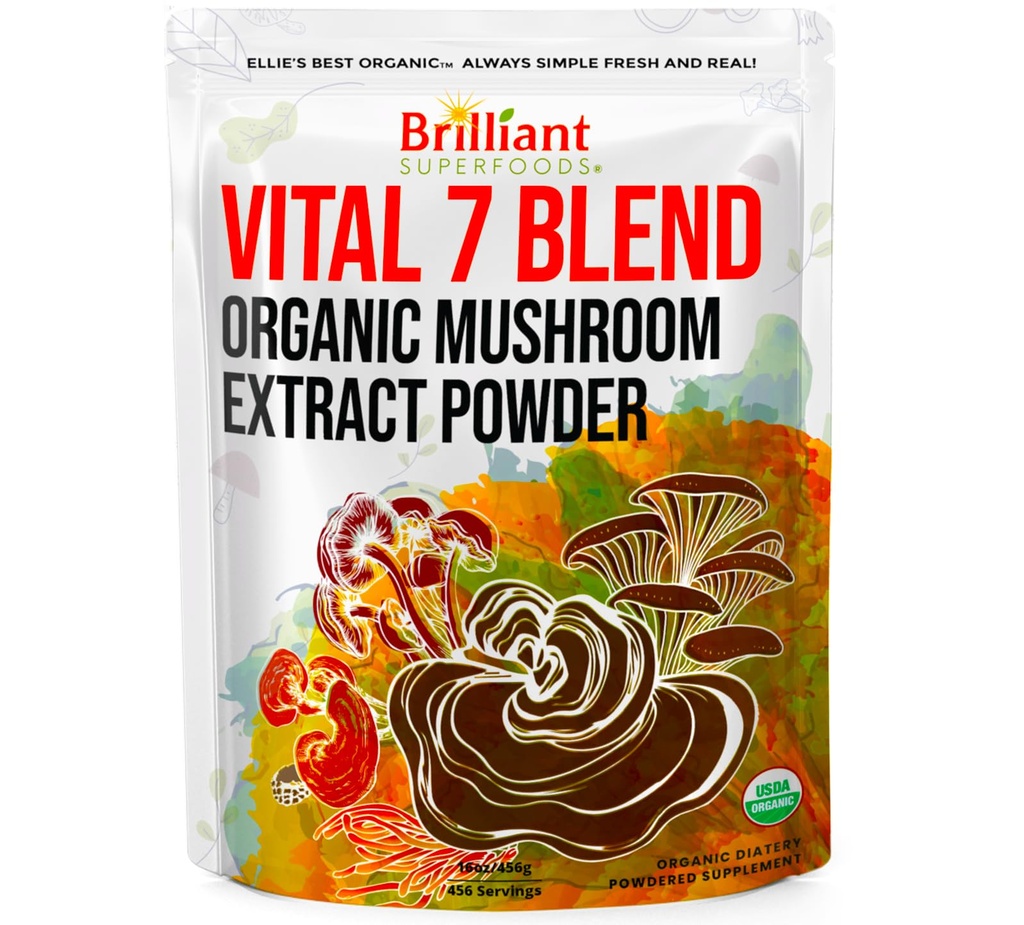 Ellie's Best 7 Mushroom Powder Extract Complend - Organic Reishi, Lion's Mane, Chaga, Turkey Tail, Cordyceps, Maitake & Shiitake - Double Extract - 16oz / 456 Servings...