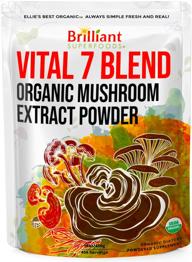 Ellie's Best 7 Mushroom Powder Extract Complend - Organic Reishi, Lion's Mane, Chaga, Turkey Tail, Cordyceps, Maitake & Shiitake - Double Extract - 16oz / 456 Servings...