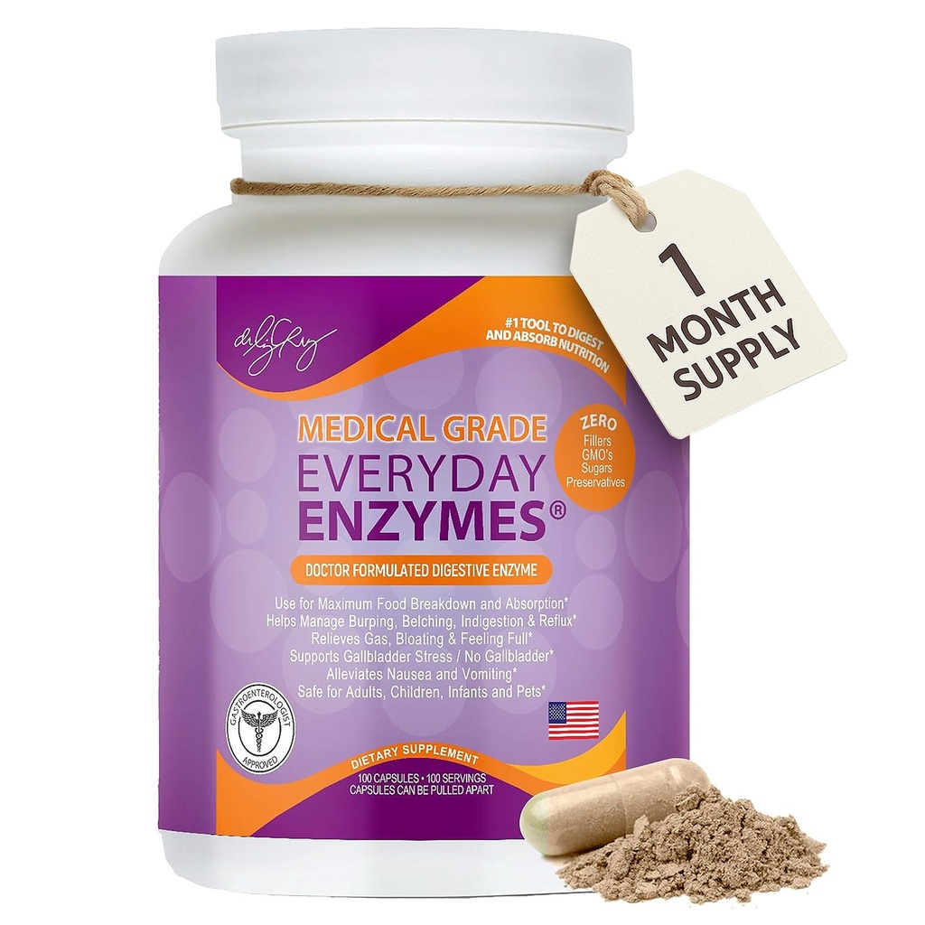 Dr. Liz Cruz Everyday ENZYMES - Συμπλήρωμα διήθησης, Συμπληρώματα διατροφής, Medical-Grade Super Enzymes, Bloating, Gas and Reflux Relief for Women, Men, & Children Non-GMO, 100 Veggie Κάψουλες