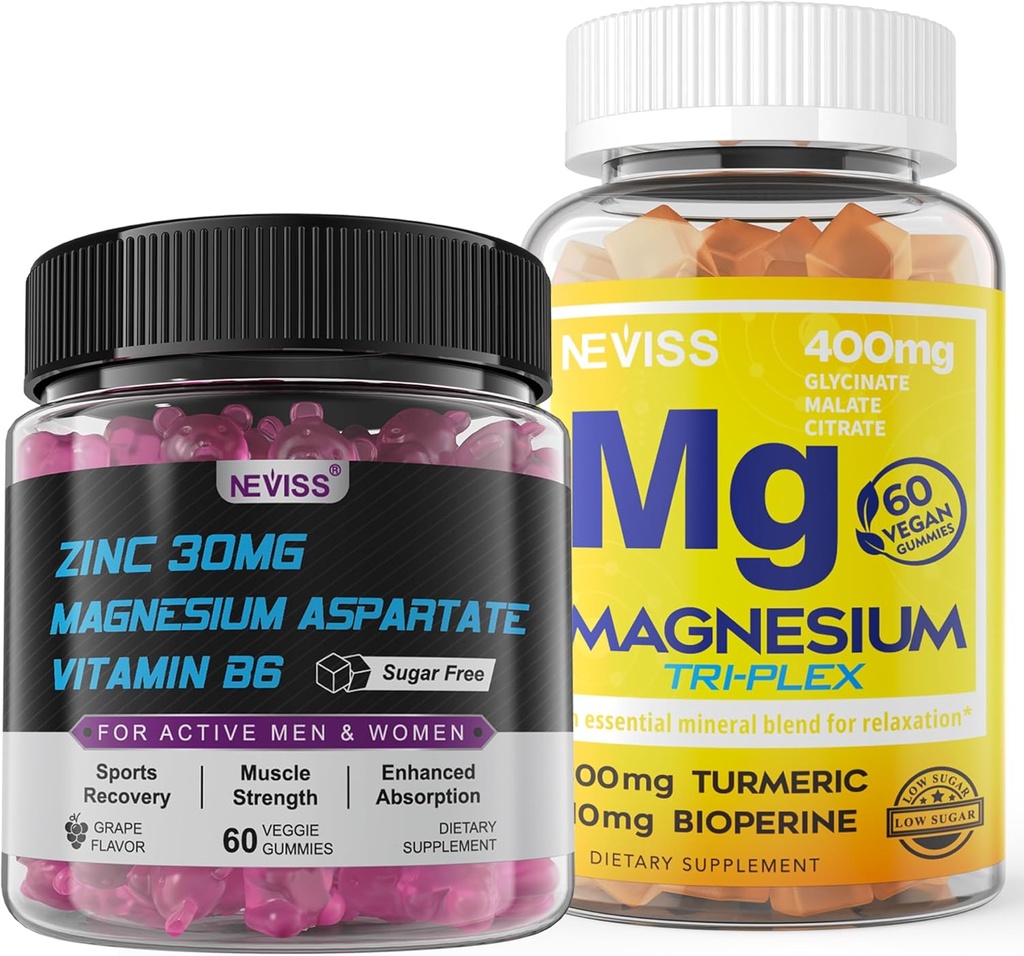 NECISS Μαγνήσιο Gummies με κουρκουμά 300mg + ψευδάργυρο και συμπλήρωμα μαγνησίου με βιταμίνη B6, B12, D3, Κουρκουμάς