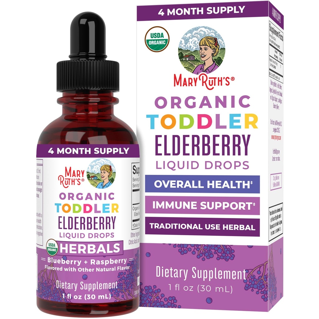 MARYRUTH'S Toddler Elderberry Syrup, USDA Organic Elderberry, Sugar Free Kids Immune Support Supplement for Ages 1-3 Years, Clean Label Project Verified®, Vegan, Non-GMO, Gluten Free, 1 Fl Oz