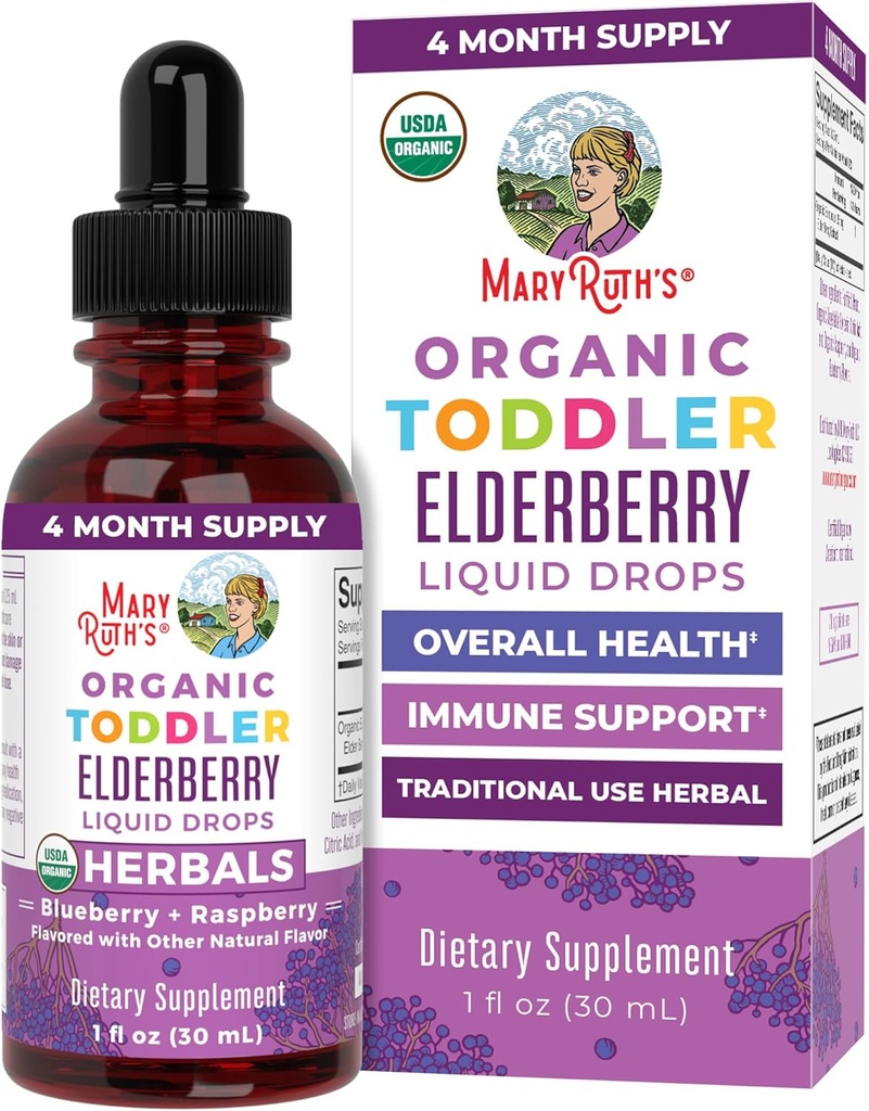 MaryRuth Organics Toddler Elderberry Syrup, USDA Organic Elderberry, Sugar Free Kids Immune Support Supplement for Ηλικίες 1-3 Χρόνια, Clean Label Project Επαληθευμένο®, Vegan, Non-GMO, Gluten Free, 1 Fl Oz