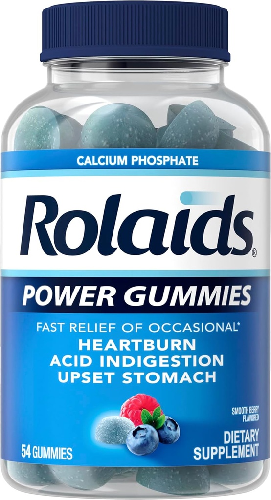 Rolaids Power Gummies, γρήγορη ανακούφιση από περιστασιακά εγκαύματα και οξύ δυσπεψία, συμπλήρωμα διατροφής, ομαλό μούρο, 54 Gummies