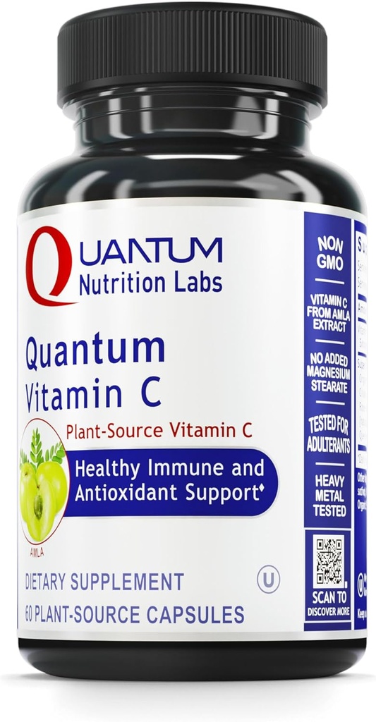 Quantum Nutrition Labs Quantum Vitamin C- Organic Natural Vitamin C Supplement for Women and Men, Whole Food Vitamin C Source, Pure with Bioflavonoids, and Amla, Aids Immune Support- 60 Vegan Capsules