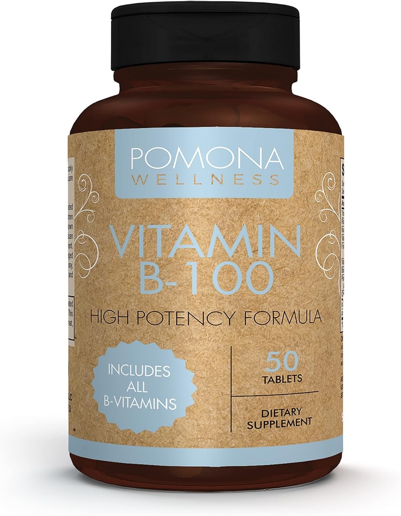 Pomona Wellness Vitamin B Complex Supplement with Folic Acid, Υψηλής ισχύος πολυβιταμίνη, Όλες οι 10 B Βιταμίνες συμπεριλαμβανομένου του B12, Υποστηρίζει τα επίπεδα ενέργειας, την υγεία της καρδιάς, μη ΓΤΟ, 50 δισκία