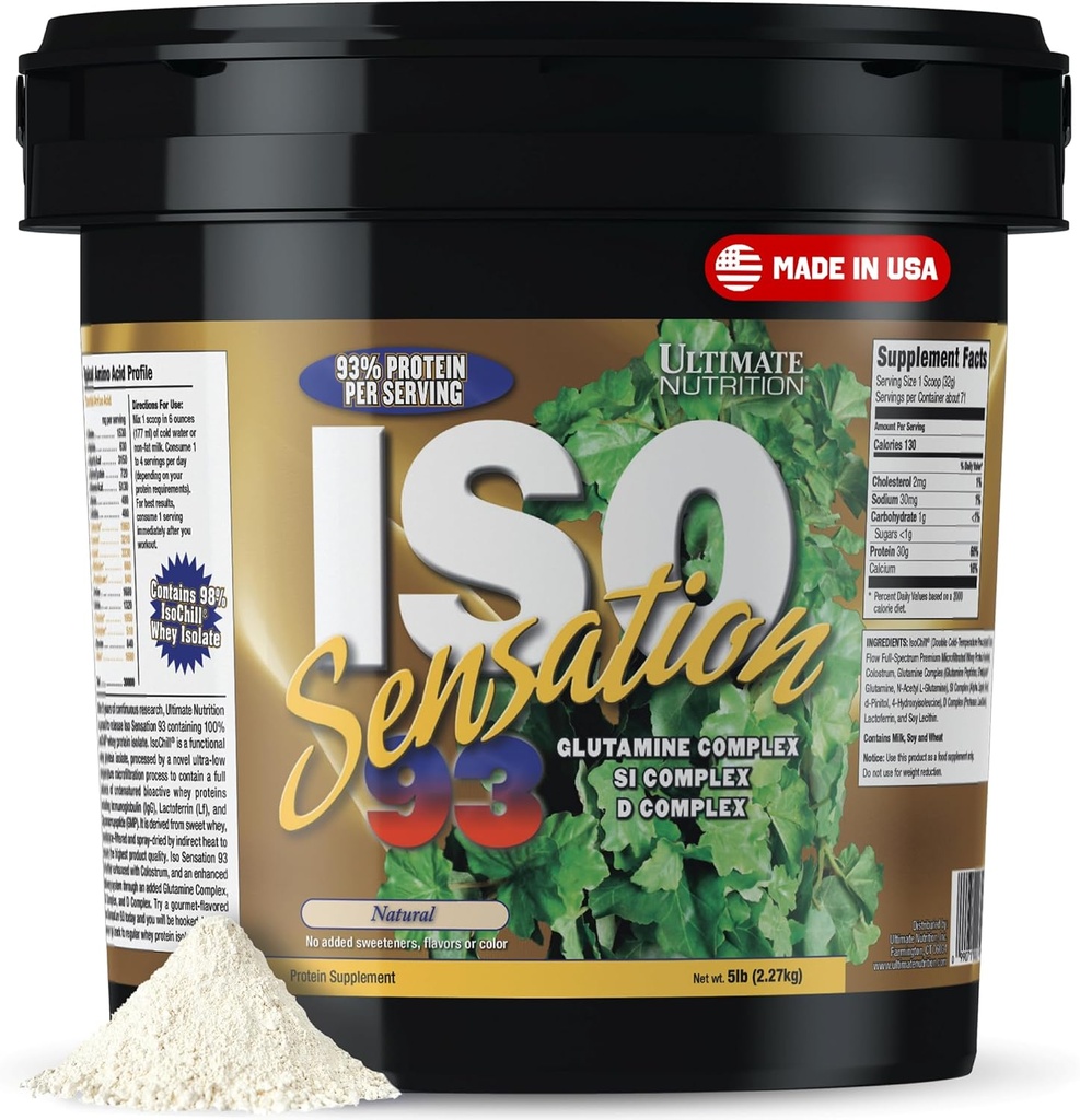 Ultimate Nutrition Whey Protein Isolate Powder with Glutamine Complex, ISO Sensation 93 - Whey Protein Powder with Added Colostrum for Enhanced Recovery, Immunity & Gut Health - Natural, 5lbs