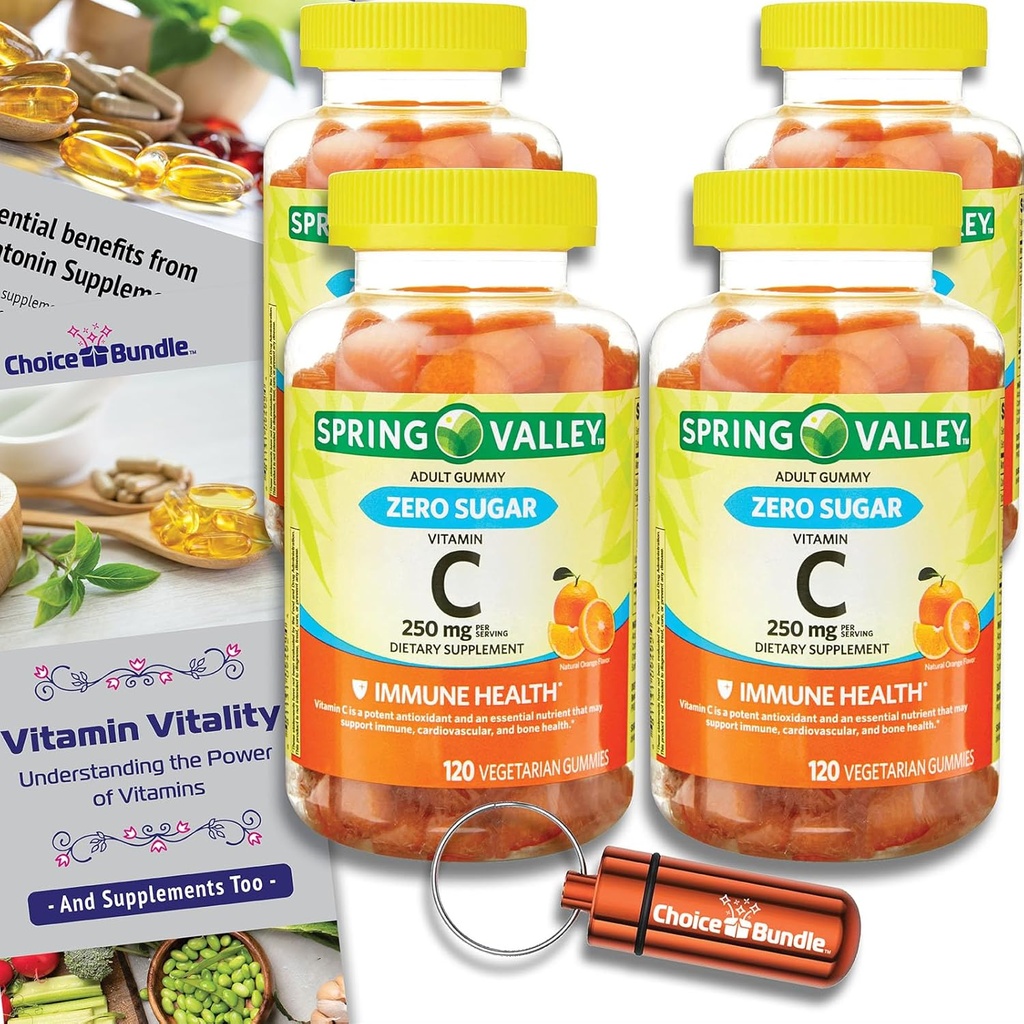 Choice Bundle Spring Valley Zero Sugar Vitamin C Gummies Dietary Supplement 250 mg 120 Ct 4 pk (480 Total) + Vitamin Guide & Pill Container (6 Items)!