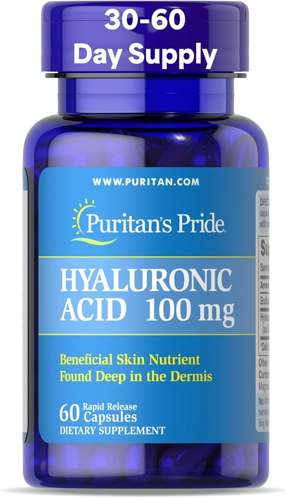 Puritans Pride Hyaluronic Acid 100mg, Συμπλήρωμα διατροφής για ενυδάτωση του δέρματος, 60 κάψουλες ταχείας απελευθέρωσης