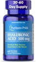 Puritans Pride Hyaluronic Acid 100mg, Συμπλήρωμα διατροφής για ενυδάτωση του δέρματος, 60 κάψουλες ταχείας απελευθέρωσης