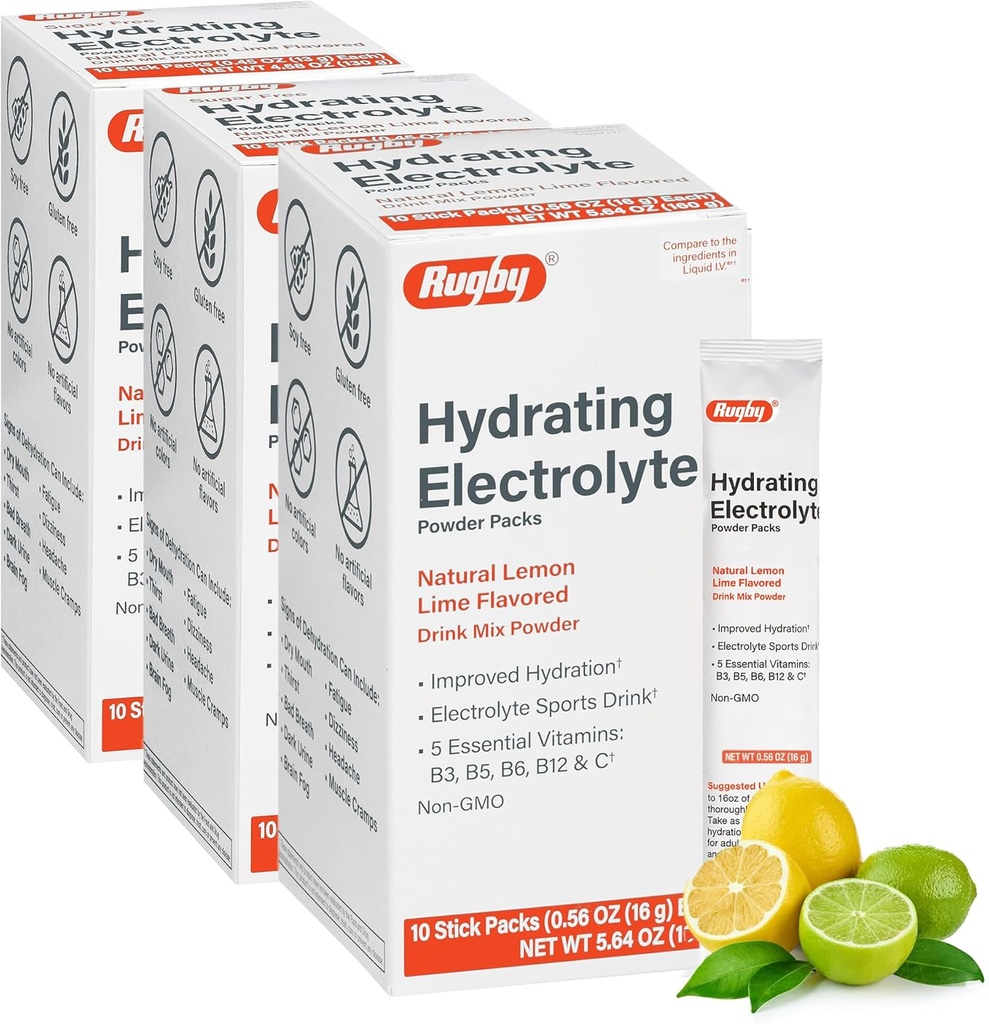 Rugby Hydrating Electrolyte Powder Packs - Drink Mix Powder Packets with 5 Vitamins - Improved Hydration - Natural Lemon-Lime Flavor - 10 Stick Packs - 0.56 Oz Each (3 Pack)