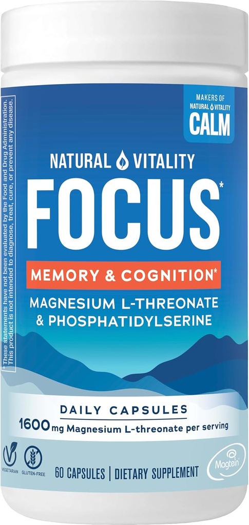 Natural Vitality Focus, Magnesium L-Threonate and Phosphatidylserine Nootropic Brain Supplements for Memory, Focus, and Cognition, Gluten Free, Vegetarian, 60 Capsules