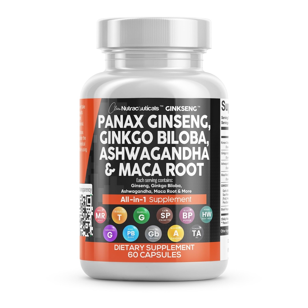 Καθαρή Nutraceuticals Panax Ginseng Ginkgo Biloba Ashwagandha Maca Root - Focus Supplement Χάπια για γυναίκες και άνδρες με εκχύλισμα πεύκου, σκόρδο, και Saw Palmetto - 60 Caps