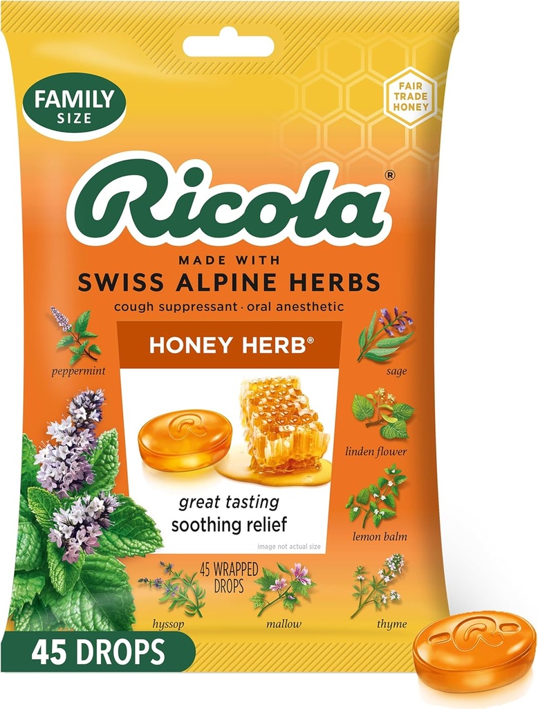 Ricola Honey Herb Cough Drops, 45 Count, Fair Trade Honey & Natural Menthol Cough Suppressant & Throat Relieving Drops, Great Tasting Relief for Coughs & Throat Irritation Symptoms