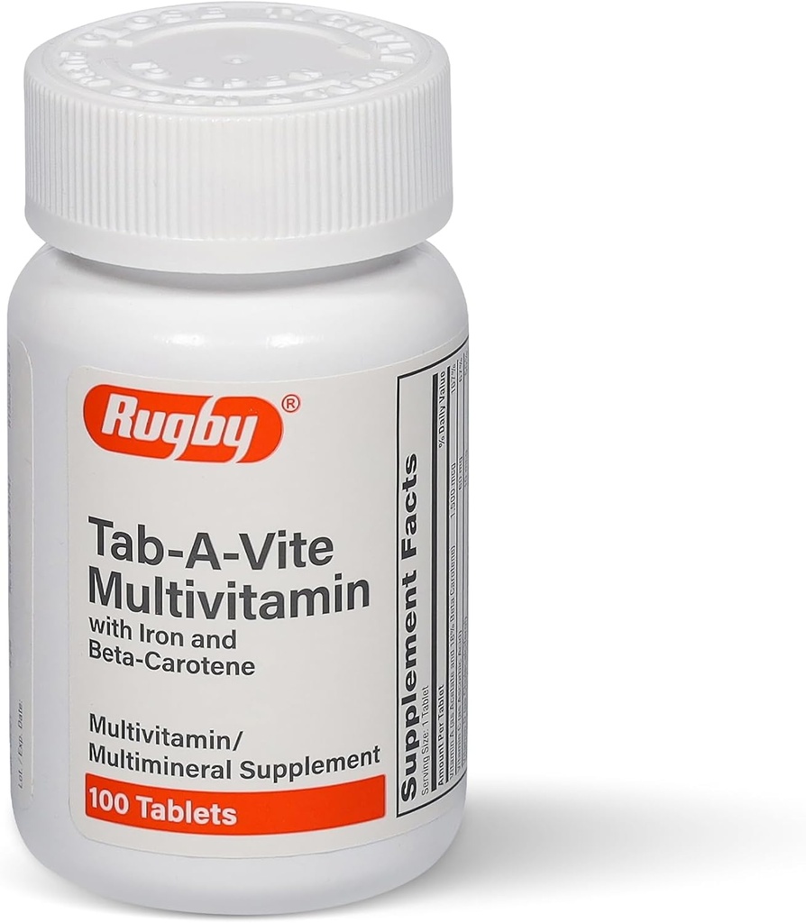 Rugby Tab-A-Vite Multivitamin with Iron and Beta-Carotene - Daily Multivitamin for Adults, Supports Overall Health, Multimineral Supplement - 100 Tablets
