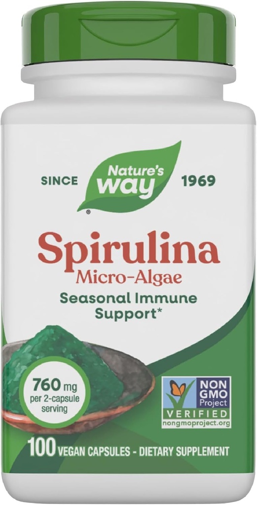 Nature's Way Spirulina Micro-Algae, Εποχική Ανοσολογική Υποστήριξη*, Πηγή Βιταμίνης Α (Beta Carotene), 760 mg ανά Σερβίρισμα, 100 Κάψουλες Vegan (Packaging May Vary)
