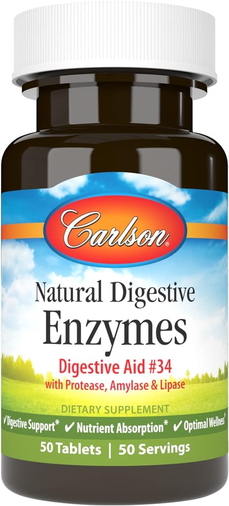 Carlson - Φυσικό Digestive Ένζυμα, Digestive Aid # 34 με Protease, Amylase & Lipase, Digestive Υποστήριξη, Nutrient Απορρόφηση & Βέλτιστη Ευεξία, 50 δισκία
