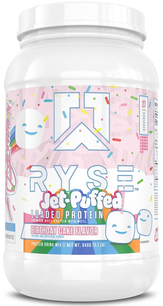 RYSE Loaded Protein Powder - Jet-Puffed Birthday Cake - 25g Whey Protein Isolate & Concentrate with Prebiotic Fiber & MCTs - Low Carb, Low Sugar, Digestive-Friendly - 27 Servings / 2 lb Tub