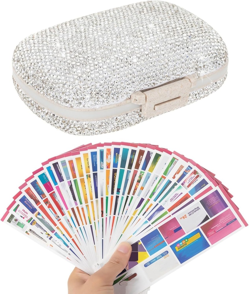 Hill Organizer με ετικέτες Bling Pocket Pill περίπτωση με αυτοκόλλητα Travel Medicine Kit Holder Μικρό Purse Pill Box Container Portable Mini Medication Storage (White & 300 Labels)