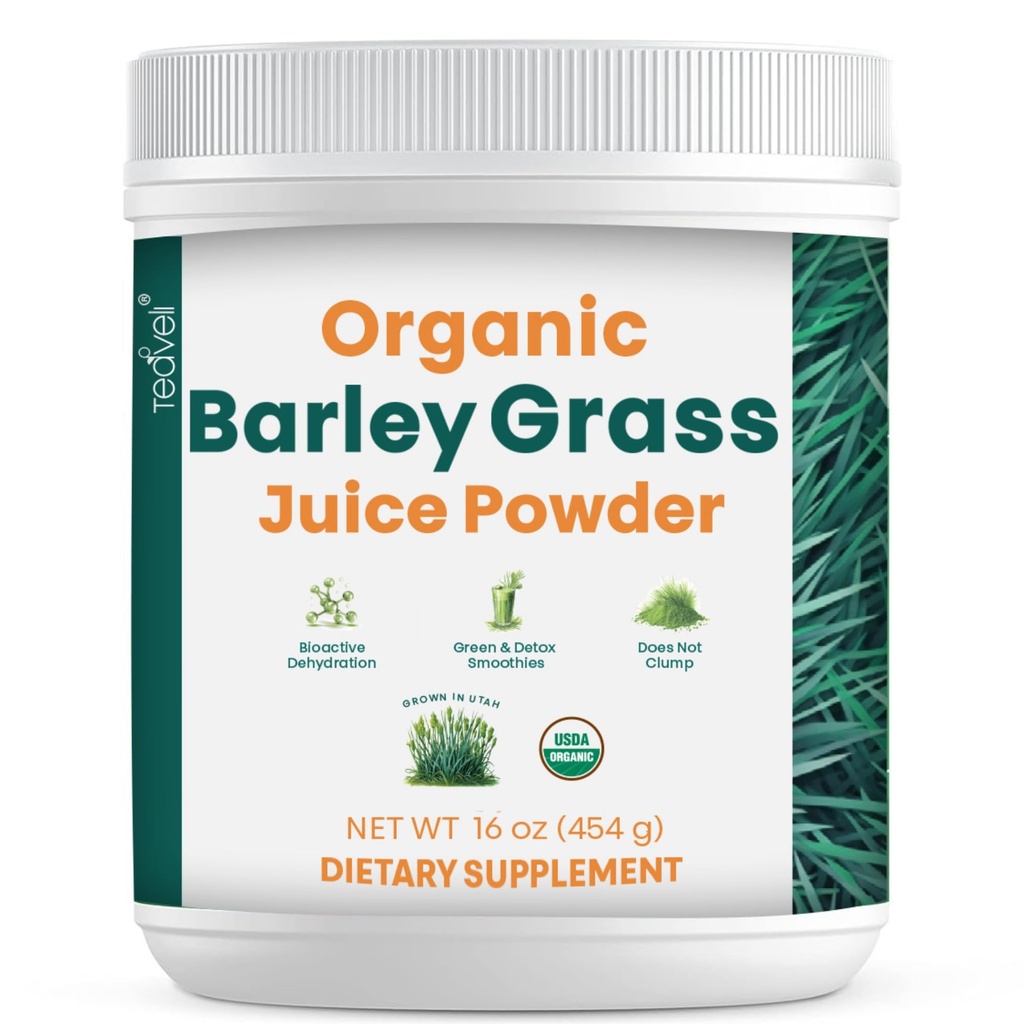 Teaveli Organic Barley Grass Juice Powder-Αναπτύσσεται και συγκομίζεται στο γονιμοποιημένο έδαφος της Γιούτα - 16 ουγγιά (454 γραμμάρια)
