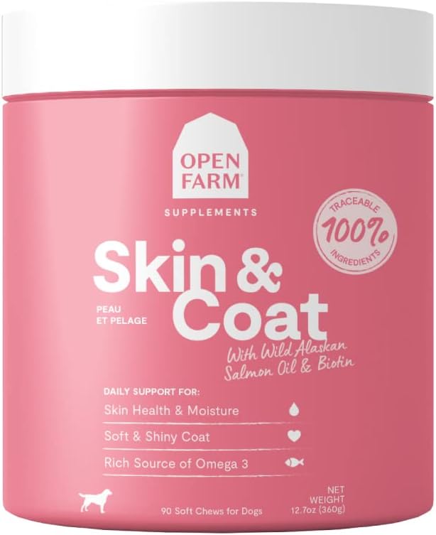 Open Farm Δέρμα & Coat Chews, συμπλήρωμα σκύλου, βιταμίνες σκύλου, υποστηρίζει ένα μαλακό και γυαλιστερό παλτό χρησιμοποιώντας ανιχνεύσιμα και Vet-έγκριση συστατικά, 12.7 oz, 90 Count