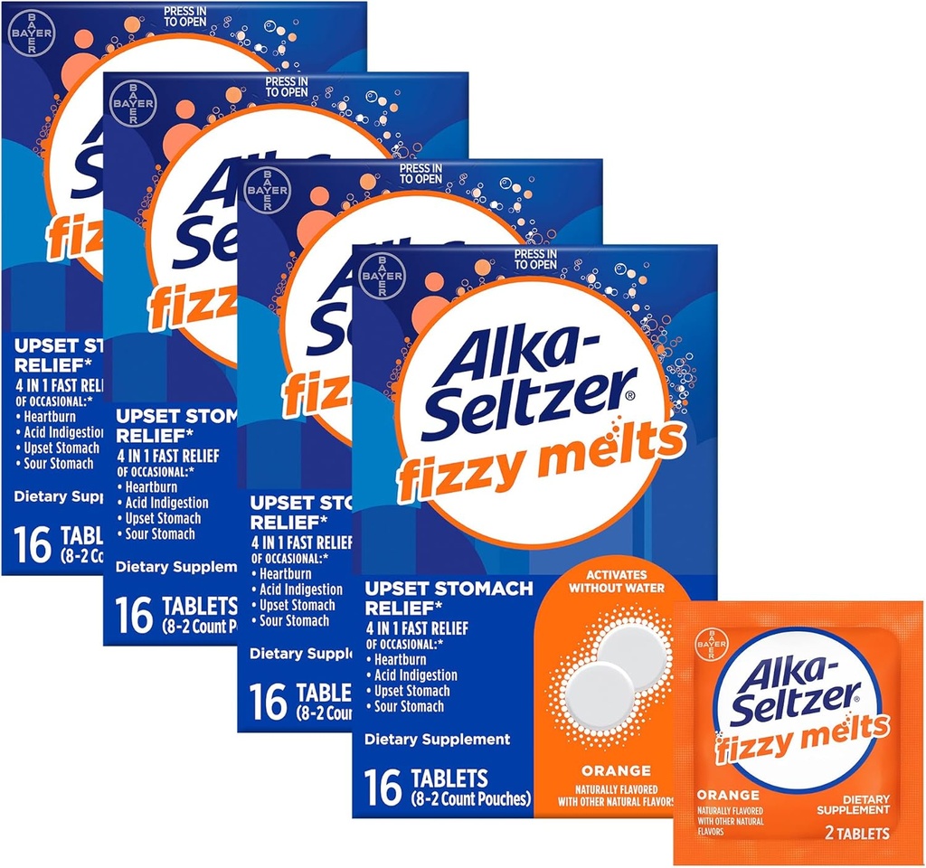 Alka-Seltzer Fizzy τήγματα, διαλύονται στη γλώσσα, Δεν χρειάζεται νερό, On-The-Go συμπλήρωμα διατροφής αντιόξινα δισκία, για την ανακούφιση του περιστασιακού καψίματος και οξύ δυσπεψία *, Πορτοκαλί Γεύση, 64 κόμης