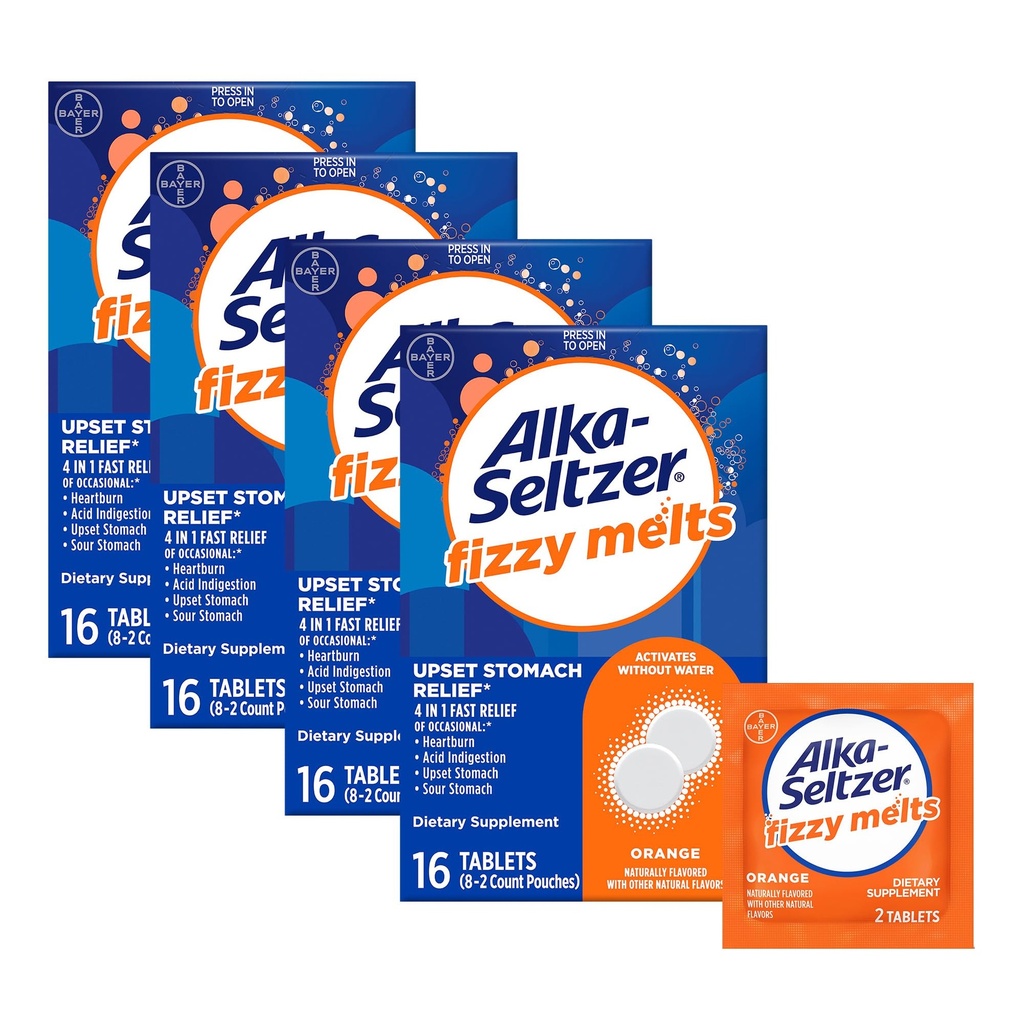 Alka-Seltzer Fizzy τήγματα, διαλύονται στη γλώσσα, Δεν χρειάζεται νερό, On-The-Go συμπλήρωμα διατροφής αντιόξινα δισκία, για την ανακούφιση του περιστασιακού καψίματος και οξύ δυσπεψία *, Πορτοκαλί Γεύση, 64 κόμης