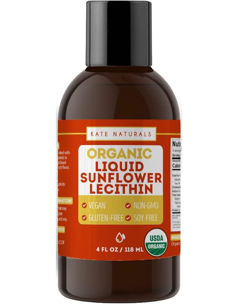 Kate Naturals Ηλιέλαιο Λεκιθίνη Υγρό για μαγείρεμα και ψήσιμο. Υγρή Λεκιθίνη για Gummies, Smoothies & συμπλήρωμα Γαλουχίας (4oz, Organic, Vegan, Gluten-free)