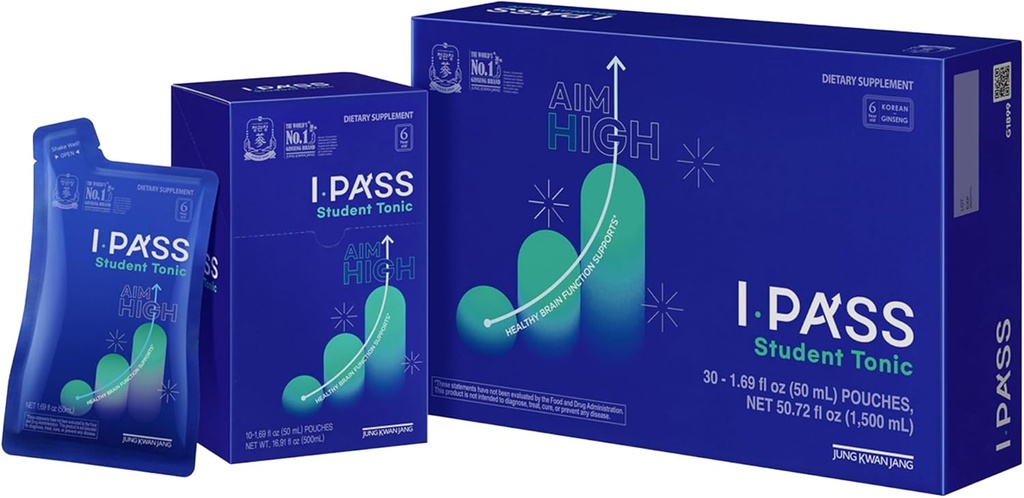 JungKwanJang iPass Student Tonic - Adaptogen Energy Drink Supplement with Korean Red Ginseng, Jujube, Astragalus & Angelica - Daily Support for School and Activities (30 Pouches, 1.69 fl oz)