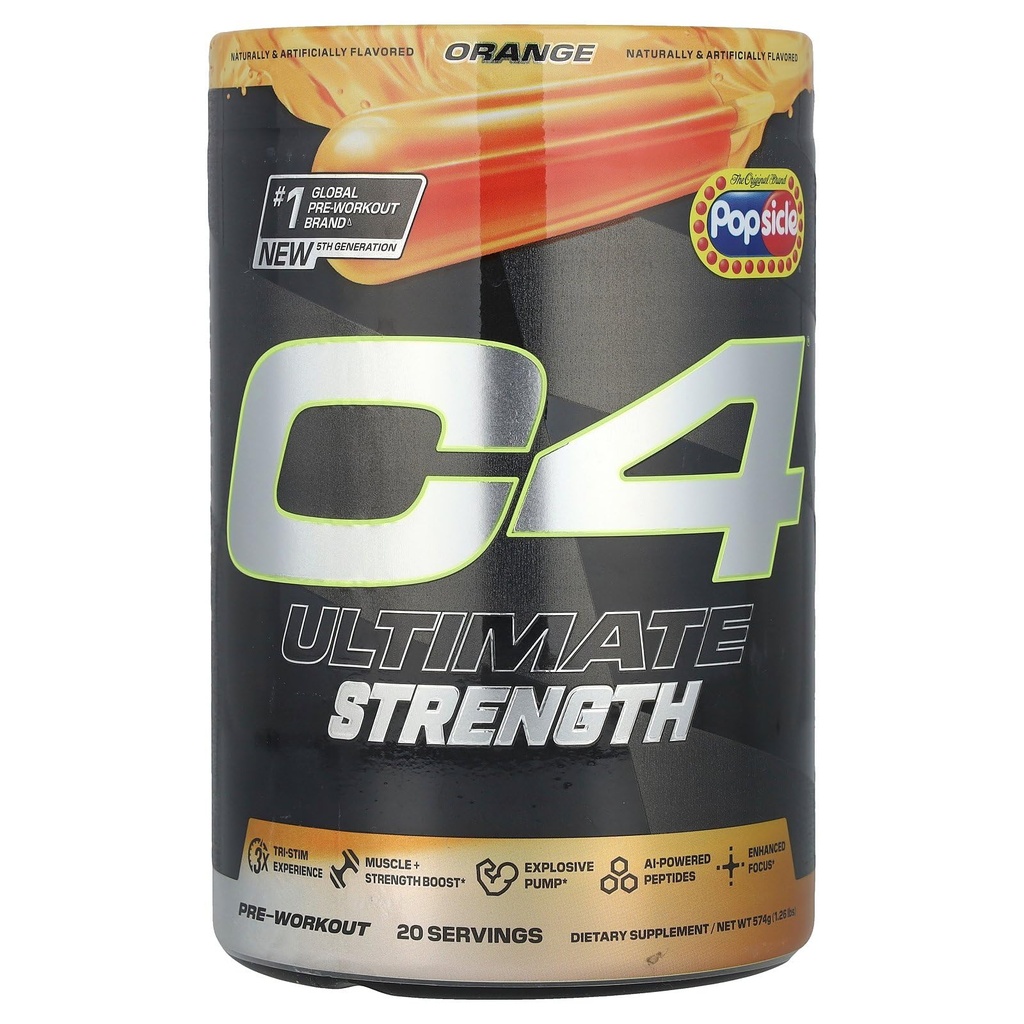 Cellucor C4 Ultimate Strength Pre Workout Powder - Tri-Stim Experience 300mg Caffeine+TeaCrine+Dynamine - Creatine & Beta-Alanine - Energy Supplement for Men & Women - Orange Popsicle, 20 Servings