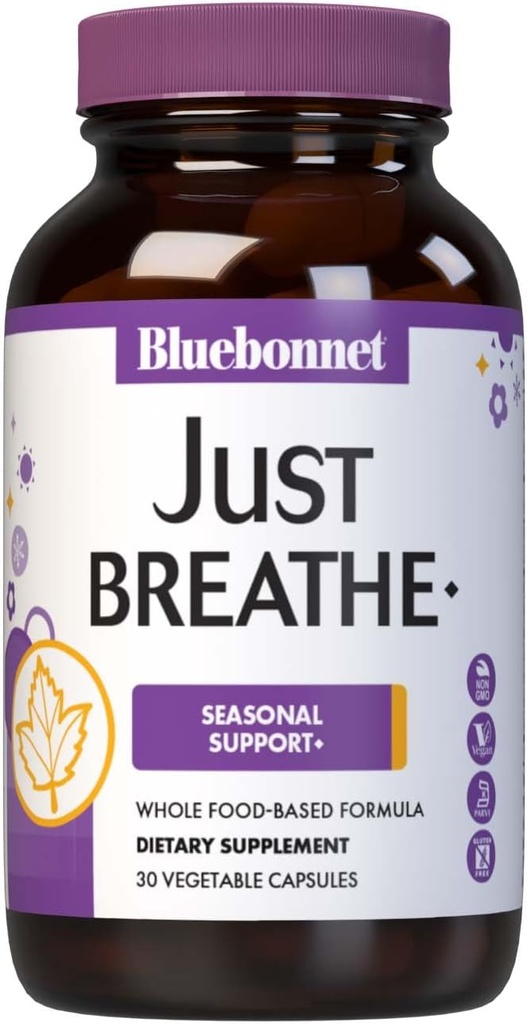 Bluebonnet Nutrition JustBreathe, Εποχική Υποστήριξη*, Μη ΓΤΟ, Kosher Πιστοποιημένο, χωρίς γλουτένη, χωρίς σόγια, χωρίς γαλακτοκομικά, 30 κάψουλες λαχανικών, 15 σερβιέτες