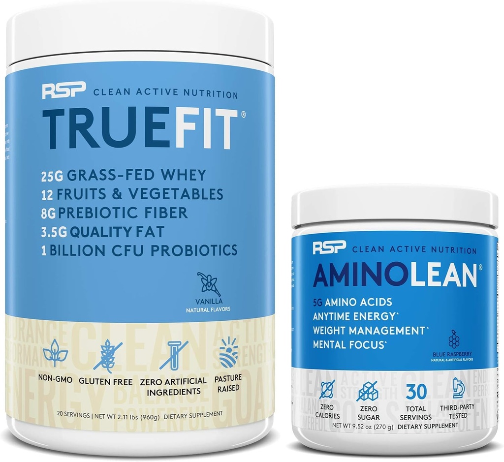AminoLean Pre Processing Energy (Blue Raspberry 30 σερβιρίσματος) με TrueFit Protein Powder (Vanilla 2 LB)
