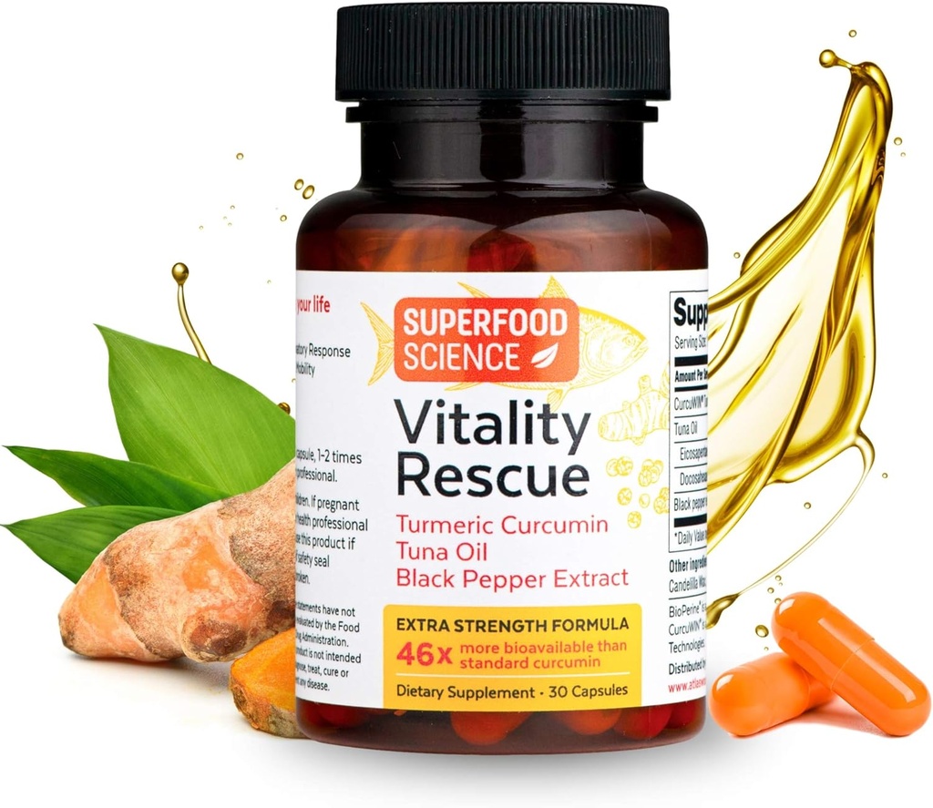Vitality Rescue, Fish Oil DHA EPA Omega 3 and Turmeric Supplement w/Bioperine, CurcuWin 46X Superior Absorption Curcumin to Support Workout Recovery, Joint, Muscle, Cardio & Brain Health, 30 Capsules